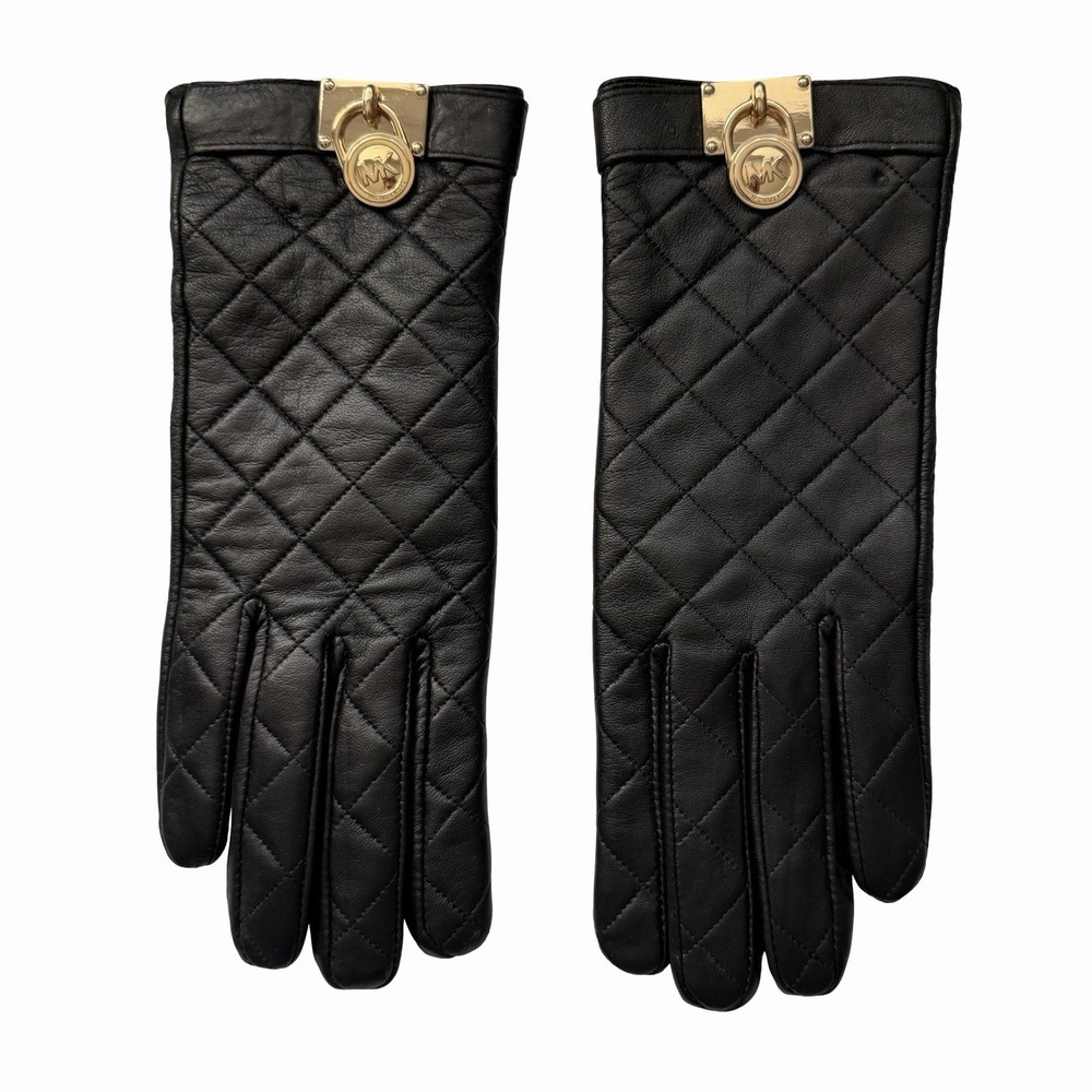 Michael Kors Womens Hamilton Quilted Leather Gloves Size S Gold Logo Charm